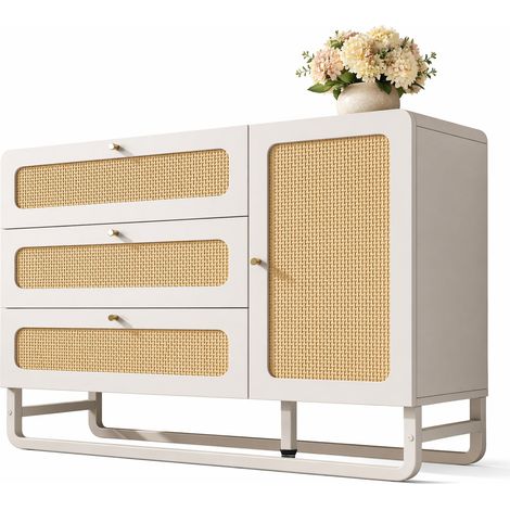 Commode blanche en MDF et métal avec 3 tiroirs, 1 placard à porte, étagères réglables et anti-basculement pour entrée ou salon CHICFURN (1/5)