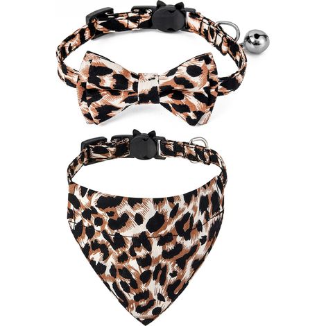 Collier Pour Chat - Collier De Sécurité À Dégagement Rapide Avec Clochette Et Bandana Imprimé Léopard - Accessoire Réglable Pour Animaux De Compagnie - Lot De 2 Pièces