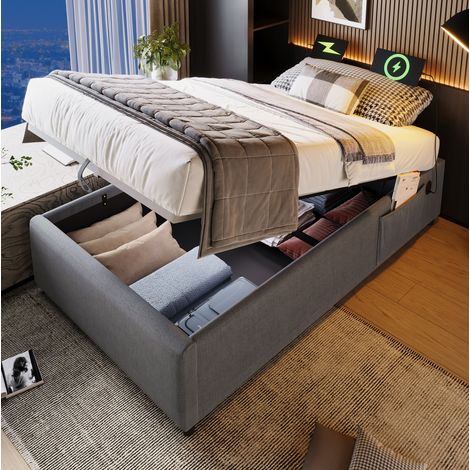Cama Individual 90x190 Cm Cama Baúl Y Puertos USB Integrados Algodón Gris (1/5)