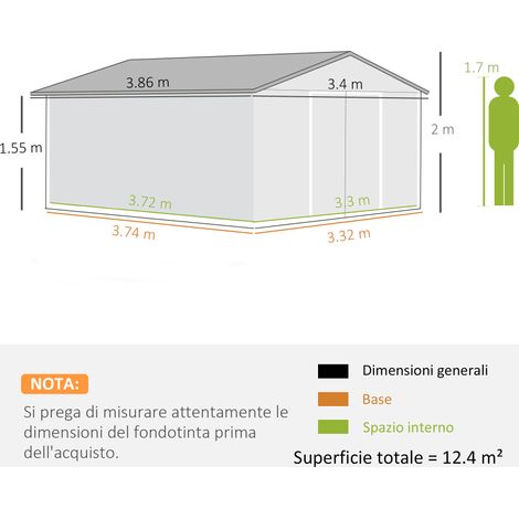 Local de stockage en acier (avec deux portes coulissantes et quatre ouvertures de ventilation), dimensions : 340 x 386 x 200 cm, vert. (1/5)