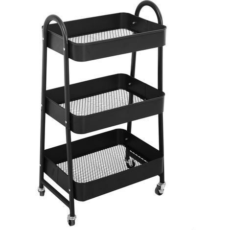 Svita – Chariot de service à roulettes 3 niveaux noir – Dimensions 42x31,5x80 cm – 4 roues dont 2 verrouillables – Acier avec revêtement en poudre