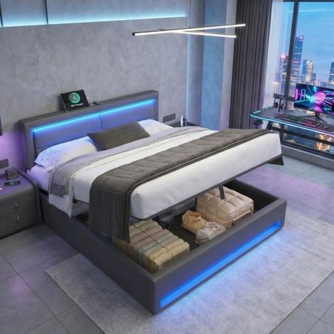 Super King Size Bed 180x200cm with USB Charging Port,LED Lights,Storage Space,Grey PU Lychee Pattern,No Mattress