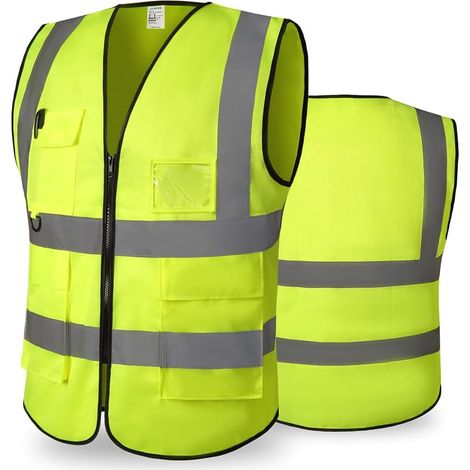Gilet de Sécurité avec 5 Poches et Fermeture Éclair, Gilet Réfléchissant Unisexe Respirant Léger pour Chantier, Entrepôt, Cyclisme et Travail Extérieur (1/5)
