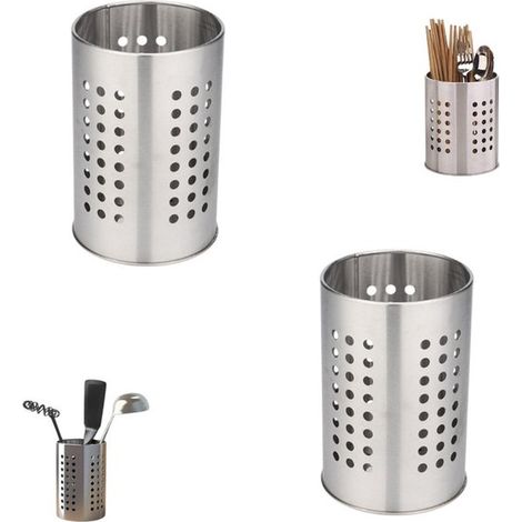 Lot de 2 - Étagère de rangement - Acier inoxydable - Porte-baguettes - Égouttoir - Ustensiles de cuisine, couteaux, cuillères - Argenté (1/5)