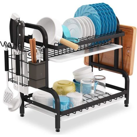 Egoutoire Vaisselle Cuisine, 2 Étages Egouttoir Vaisselle avec Égouttoir Et Support pour Couverts, Antirouille - Noir