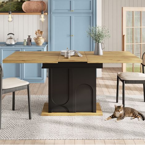 Mesa de comedor extensible 110-140x80 cm con almacenaje, para 2 a 6 personas, MDF negro y madera (1/5)