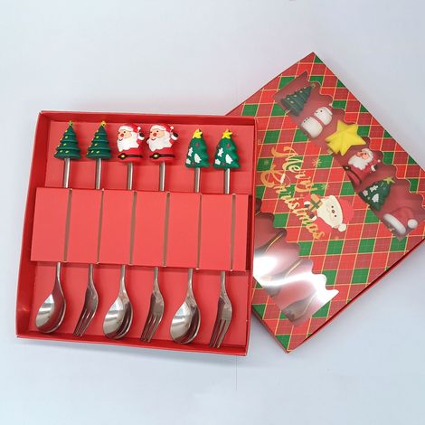 Coffret cadeau cuillère et fourchette en acier inoxydable avec figurines de Noël (figurines argentées, lot de 6, boîte rouge de Noël) (1/4)