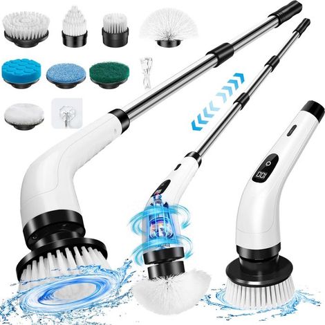 Brosse Nettoyage Electrique Rotative avec 8 Têtes Remplaçables Poignée Réglable de 115cm pour Salle de Bain Cuisine Voiture