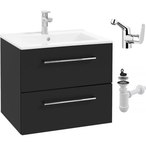 Badezimmer-Waschtisch mit Waschbecken – Mattschwarz – 60 cm – Schubladen – Armaturen aus Chrom