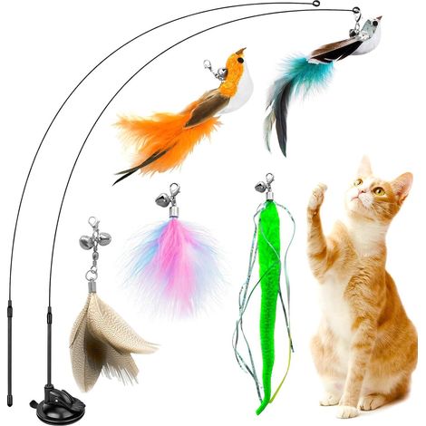 8 Pièces Jouets pour Chats Interactifs d'intérieur avec Ventouses Puissantes et Cannes à Pêche - 2 Oiseaux Réalistes & 3 Jouets à Plumes, Baguette Intelligente Anti-Stress (1/5)