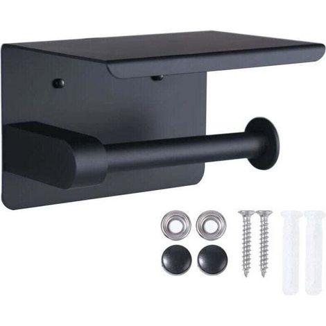 Toilet Paper Holder, Wall Mounted Toilet Paper Holder, with Cell Phone Storage Rack (Black) (1/3)
