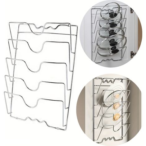 Support mural en acier inoxydable pour couvercles de casseroles, organiseur à 5 niveaux pour cuisine, rangement et rangement (1/5)