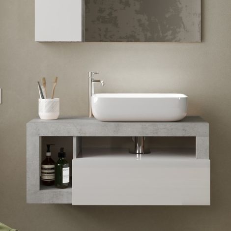 Meuble suspendu salle de bain gris béton et blanc L 90cm GAMA (1/5)