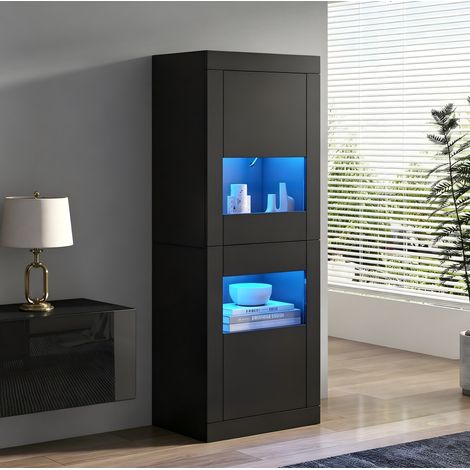 Vitrine avec 2 Portes, 3 Étagères en Verre Réglables et Éclairage LED, pour Salon, en Panneau de Particules, Noir (1/5)
