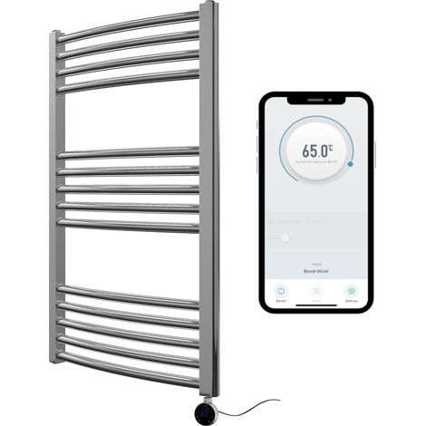 Chrome Electric Smart WiFi Controlled Heated Towel Rail 500mm W x 800mm H Curved 7 Day Programmable Timer App Compatibility (1/5)