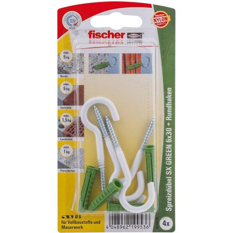 Fischer 4x  Taco de  expansión SX  GREEN 6x30  RH N  con gancho  redondo recubierto  de nylon  - 524829  Descatalogado (1/4)