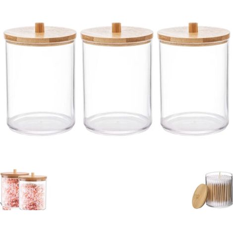 Lot de 3 boîtes de rangement pour cotons-tiges, avec couvercle en bambou. Transparentes et portables, elles sont idéales pour ranger cotons-tiges, cure-dents, fil dentaire, pinceaux de maquillage et c (1/4)