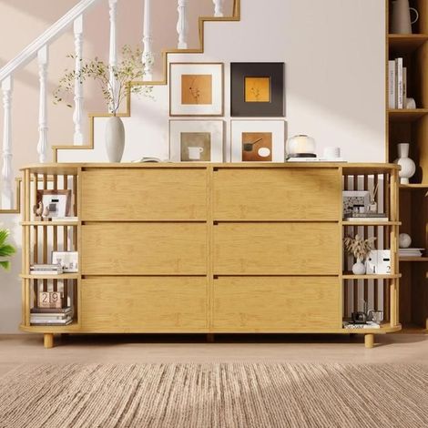 Commode / Sideboard - KOMHTOM - Style romain - 160x40x75 cm - 6 tiroirs - Étagères bambou (1/5)