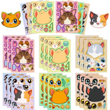 18 niedliche Kätzchen-Gesichtstausch-Aufkleber zum Selbermachen – Puzzle-Aufkleber für gemeinsame Eltern-Kind-Aktivitäten, Weihnachtsgeschenk