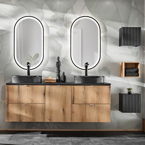 Badmöbel Set 6-teilig, 160cm Doppelwaschtisch, in Eiche und schwarz, NEWPORT-56-OAK (1/5)