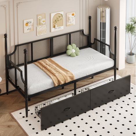Lit banquette en métal 90x200 cm noir, style vintage, avec tête de lit et 2 tiroirs intégrés (1/5)