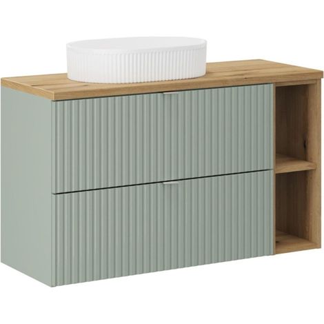Insieme ELVINA 100cm: mobile sottolavabo con cassetti e nicchie a vista + piano per lavabo + lavabo da appoggio scanalato