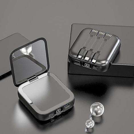 Mini batterie externe portable 20 000 mAh avec miroir de maquillage et affichage LED, pour téléphones portables (noir). (1/4)