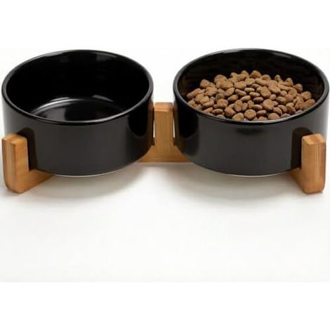 Gamelles en céramique pour chiens, lot de 2, 400 ml chacune, station d'alimentation antidérapante avec support en bambou, ensemble de gamelles pour nourriture et eau pour chats et petits chiens (blanc