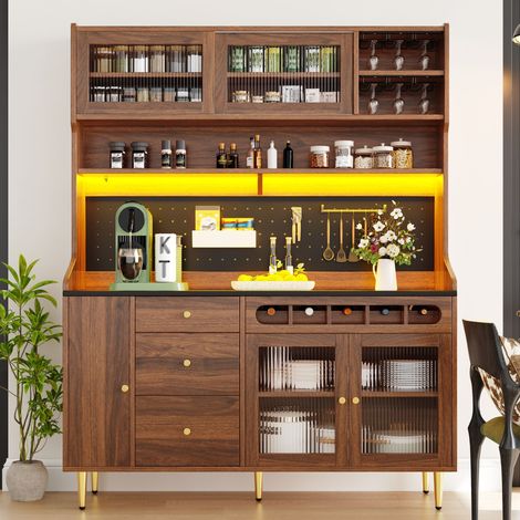 Meuble de rangement haut en noyer, 145x39x171 cm, avec éclairage LED et étagères ajustables, pour salon ou cuisine, tiroir porte-bouteilles, armoire de salle à manger moderne et élégante. (1/5)