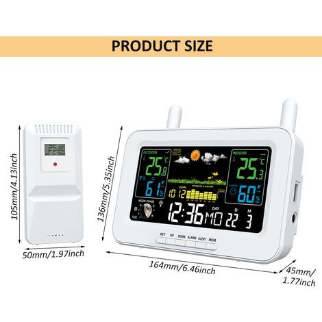 Intelligente Wetterstation mit Farbbildschirm, USB-Anschluss, Wecker und Anzeige für Innen-/Außentemperatur und Luftfeuchtigkeit. (1/5)