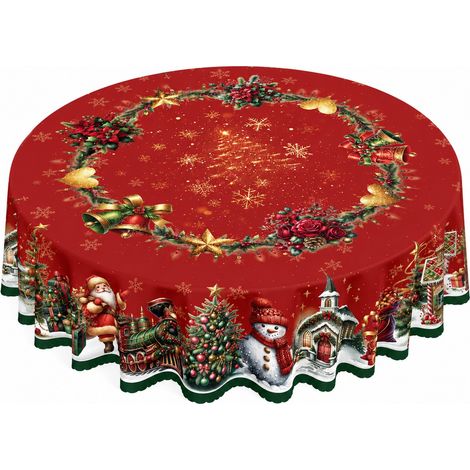 Nappe de Noël ronde 152 cm, en polyester, motif sapin, Père Noël et bonhomme de neige, décoration de table ronde 180 x 180 cm - Style 2 (1/2)