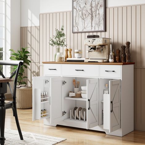 Buffet cuisine rustique, Cuisine mobile avec portes Soft-Close, 3 tiroirs, 3 tablettes réglables, Porte-épices, Blanc (1/5)