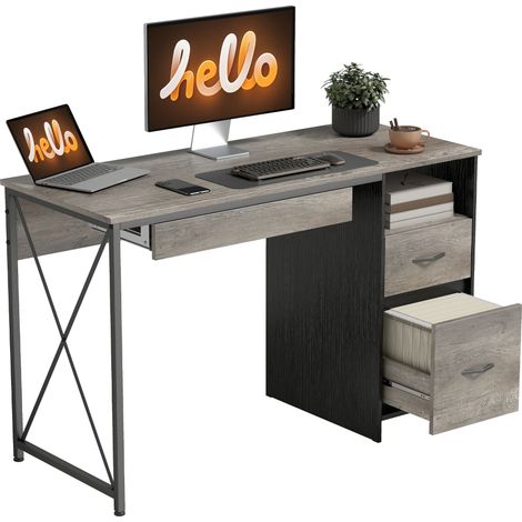 Grauer Computertisch 120x50 cm mit Stauraum, verschiebbarer Tischplatte, offenem Fach und 2 Schubladen