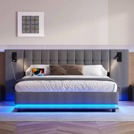 Lit 180x200 cm avec bandeau led, tête de lit lumineuse, ports usb, sans matelas, en lin gris (1/5)