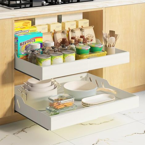 Lot de 2 Tiroirs Coulissants Cuisine, Tiroir Télescopique Métallique, Largeur 32–53cm, Organisateur d'Armoire, Montage Vis/Ruban Adhésif, Blanc Crème (1/5)
