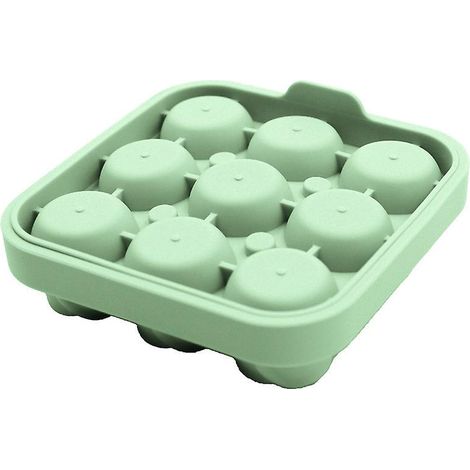 Moule à glaçons rond en silicone à 9 cavités, vert, couvercle réutilisable avec emporte-pièce, sans BPA, pour alcool, cocktails et whisky. (1/5)
