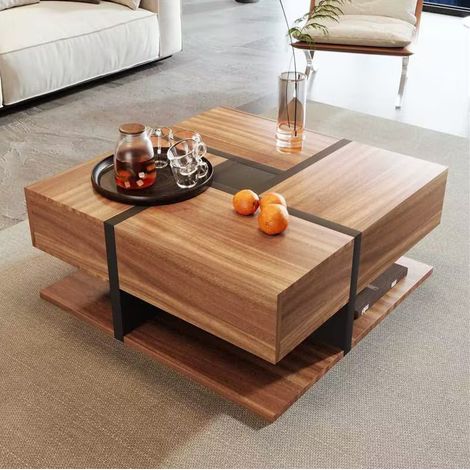 MEUBLIV Mesa de centro cuadrada 78x78x36 cm negro y madera – 4 cajones (1/5)