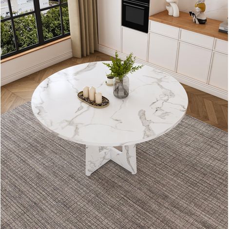 Table de salle à manger modulable 120x120x76 cm en MDF blanc, effet marbre, pour 4 FloraGrace (1/5)