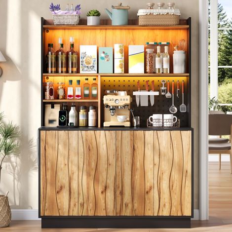 Buffet de cuisine 120x43x160 cm, meuble de rangement avec LED RGB, prises et ports USB, 4 portes et panneau perforé, MDF Naturel (1/5)