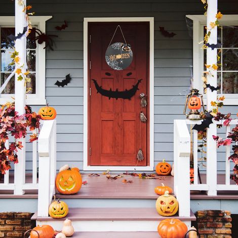 Halloween-Dekorationen für Zuhause, „Happy Halloween“-Dekorationen, Türschilder, Willkommensschilder in Spinnennetzform, schwarz mit Schleifen (1/5)