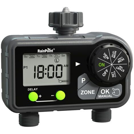 RAINPOINT Minuteur d'arrosage programmable pour tuyau d'arrosage, minuterie de tuyau avec retard de pluie et arrosage manuel, minuterie d'irrigation pour cour, 2 sorties (1/5)