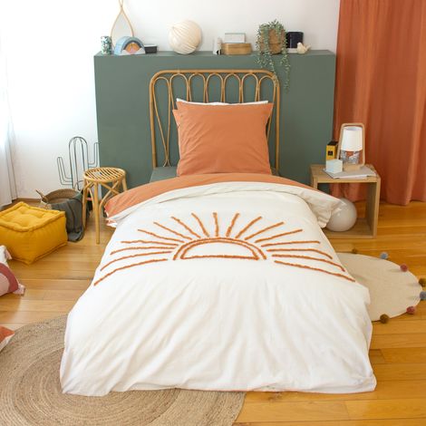 Parure de lit 2 pièces enfant SOLEZ 140x200 cm pur coton tufté blanc et orange