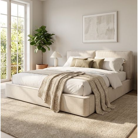 Letto matrimoniale 180x200 cm beige in ciniglia con contenitore idraulico e testiera imbottita (1/5)