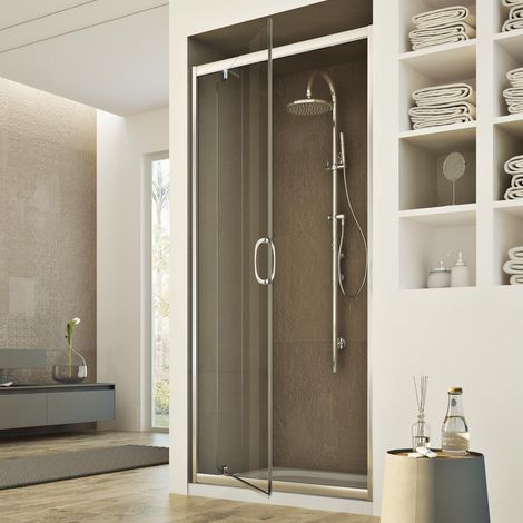 Idralite – Porte de douche pivotante 75 cm – Verre de sécurité 6mm transparent – Hauteur 185 cm – Aluminium anodisé chromé – Ouverture à droite ou gauche