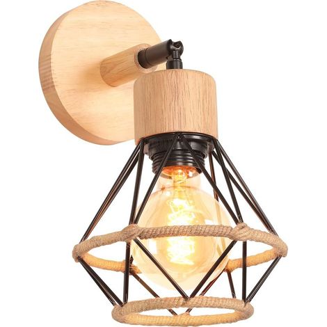 Vintage-Industrie-Wandleuchte/Deckenleuchte für den Innenbereich aus Metall und Hanfseil, Retro-Holz-Wandlampe, verstellbares Design für 16 cm und 12 cm (1/4)