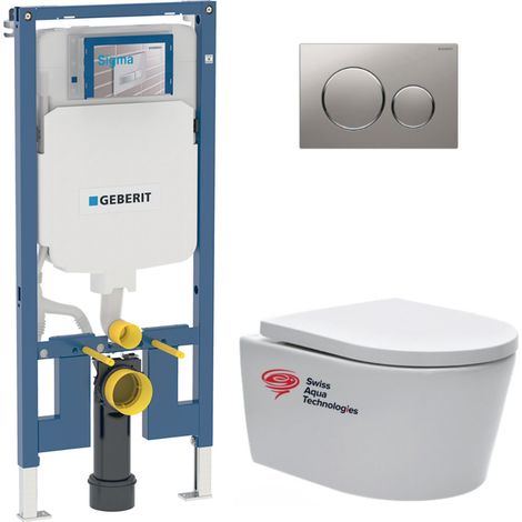 Pack WC Bati-support Geberit extra-plat + WC sans bride Swiss Aqua Technologies + abattant softclose + Plaque