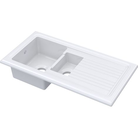 101cm Inset Counter Top 1.5 Bowl Fireclay Ceramic Kitchen Sink - White