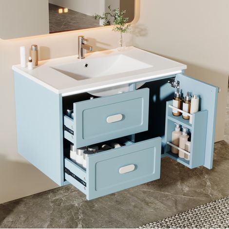 Mueble baño suspendido con LED y lavabo cerámico azul OKMYHOME (1/5)