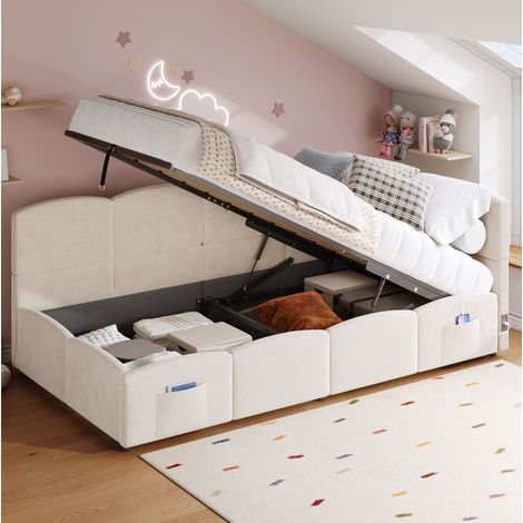 Divano letto con contenitore 90x200 cm, struttura materasso integrata, porte USB A e USB C, velluto beige (1/5)