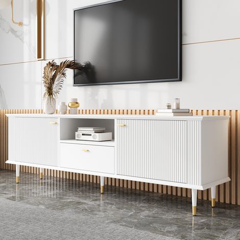 Meuble TV laqué avec tiroirs et compartiments ouverts, fermeture douce, surface texturée